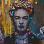 A colorful, abstract painting of Frida Kahlo.