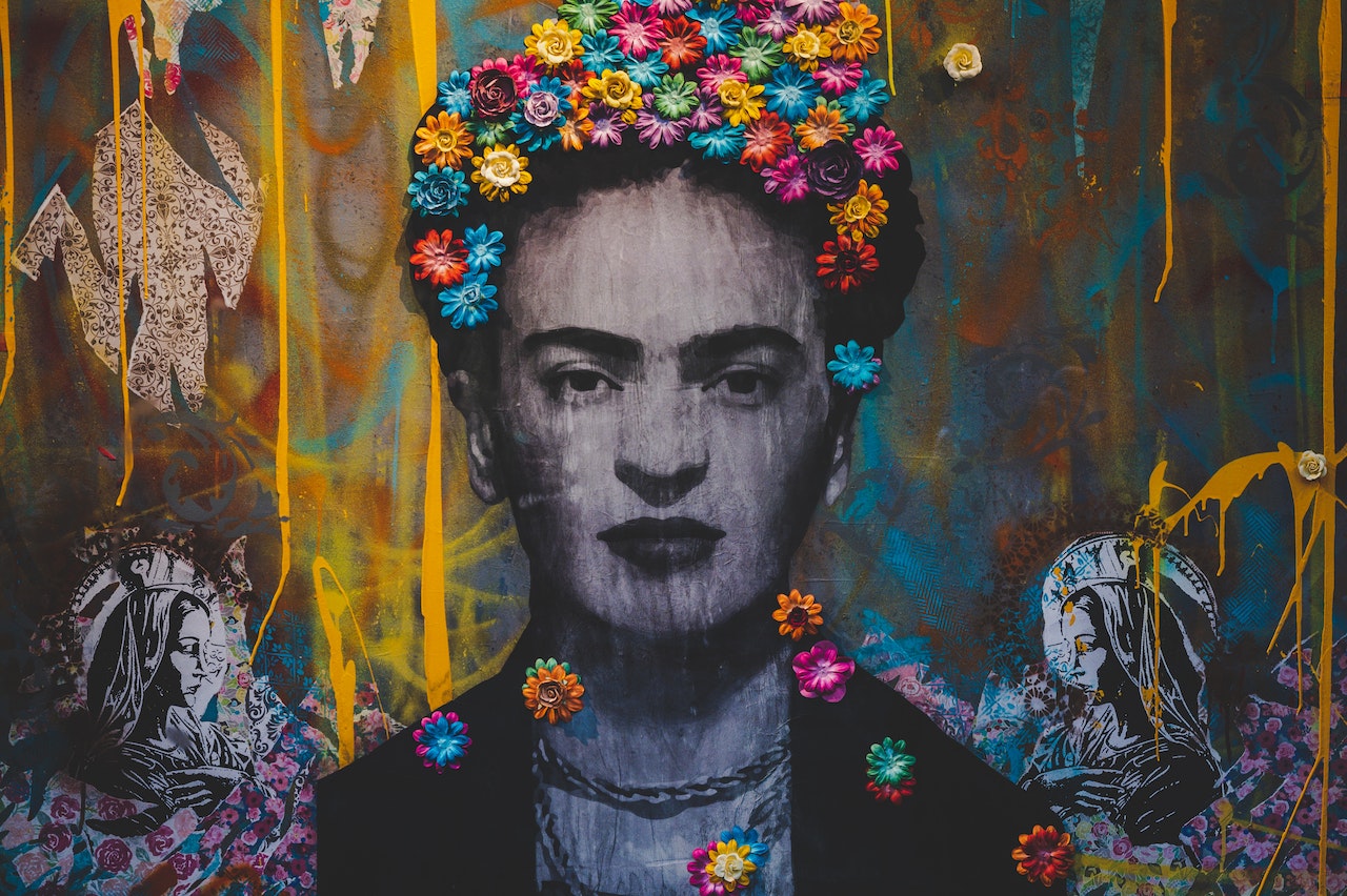 A colorful, abstract painting of Frida Kahlo.
